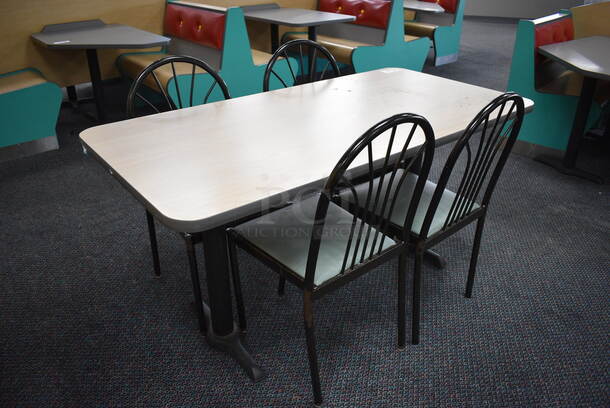 ALL ONE MONEY! Lot of Table w/ 2 Metal Table Bases and 4 Black Metal Dining Chairs w/ Green Seat! 60x30x30, 17x17x36