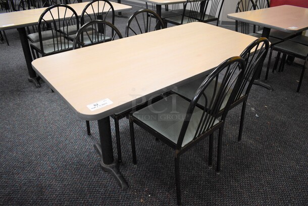 ALL ONE MONEY! Lot of Table w/ 2 Metal Table Bases and 4 Black Metal Dining Chairs w/ Green Seat! 60x30x30, 17x17x36