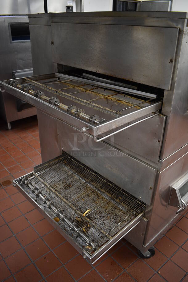 2 GORGEOUS! Stainless Steel Commercial Gas Powered Conveyor Pizza Ovens on Commercial Casters. Top Conveyor Belt Is Missing. Comes w/ 2 Gas Hoses! 79x58x64. 2 Times Your Bid! BUYER MUST REMOVE. Removal/Transport fee of $500.00 will be charged if we have to transport this item back to our warehouse for shipping or pick up - Image 8 of 9