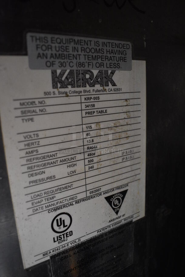 SWEET! 2007 Kairak Model KRP-96S Stainless Steel Commercial Pizza Prep Table w/ 2 Lids, 3 Doors and Overshelf on Commercial Casters. 115 Volts, 1 Phase. 96x34x56 - Image 10 of 11