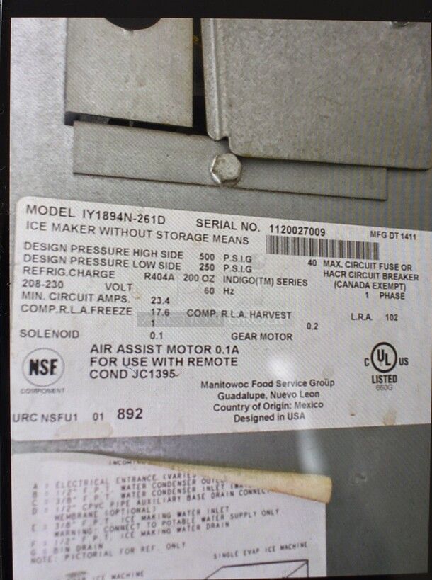 AMAZING! Manitowoc Model IY1894N-261D Stainless Steel Commercial Ice Machine Head on Manitowoc Model F1350 Stainless Steel Commercial Ice Bin. 208-230 Volts, 1 Phase. 60x40x93. BUYER MUST REMOVE - Image 9 of 10