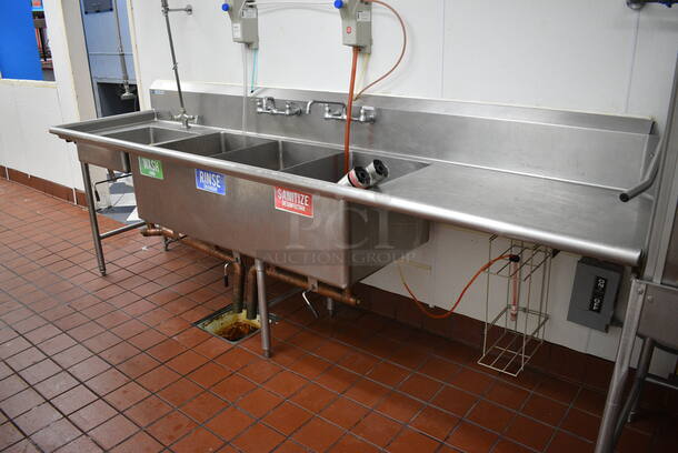Stainless Steel Commercial 4 Bay Sink w/ Right Side Drainboard, Faucets and Spray Nozzle Attachment. 120x30x44. Bays: 20x20x5, 18x24x14. Drainboard 37x27x2. BUYER MUST REMOVE - Image 2 of 7