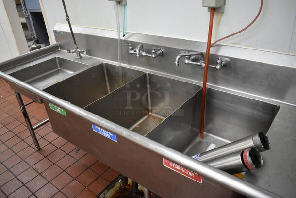 Stainless Steel Commercial 4 Bay Sink w/ Right Side Drainboard, Faucets and Spray Nozzle Attachment. 120x30x44. Bays: 20x20x5, 18x24x14. Drainboard 37x27x2. BUYER MUST REMOVE - Image 3 of 7