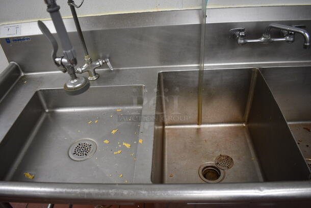 Stainless Steel Commercial 4 Bay Sink w/ Right Side Drainboard, Faucets and Spray Nozzle Attachment. 120x30x44. Bays: 20x20x5, 18x24x14. Drainboard 37x27x2. BUYER MUST REMOVE - Image 6 of 7