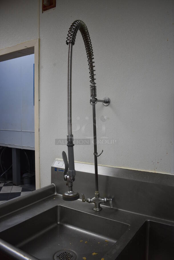 Stainless Steel Commercial 4 Bay Sink w/ Right Side Drainboard, Faucets and Spray Nozzle Attachment. 120x30x44. Bays: 20x20x5, 18x24x14. Drainboard 37x27x2. BUYER MUST REMOVE - Image 7 of 7