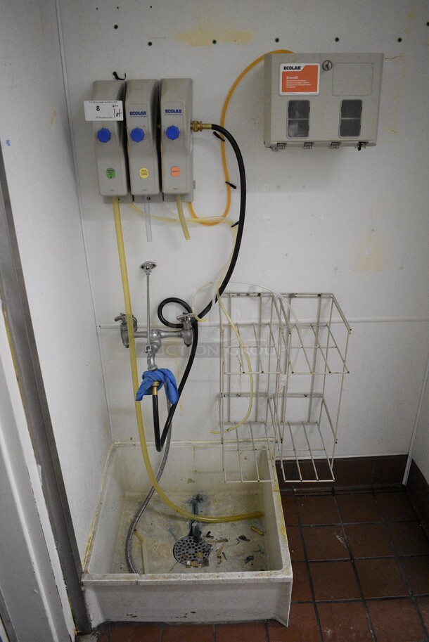 White Poly Mop Sink w/ Faucet, Wall Mount Ecolab Dispensers and White Wall Mount Rack. BUYER MUST REMOVE - Image 1 of 5
