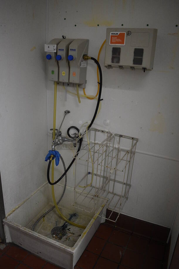 White Poly Mop Sink w/ Faucet, Wall Mount Ecolab Dispensers and White Wall Mount Rack. BUYER MUST REMOVE - Image 5 of 5