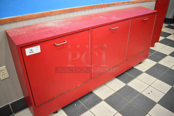 Red Counter w/ 3 Drawers on Casters. 72x12x32