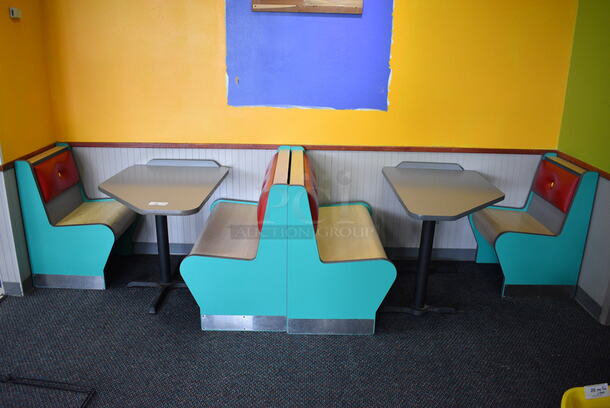 ALL ONE MONEY! Lot of 4 Single Sided Blue and Red Booths and 2 Gray Tables! Booths: 24x24x35.5, 42x24x35.5. Tables: 42x30x30. BUYER MUST REMOVE