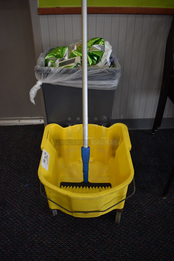ALL ONE MONEY! Lot of Yellow Poly Mop Bucket on Casters, Broom and Gray Trash Bin! 18x19x14. 70
