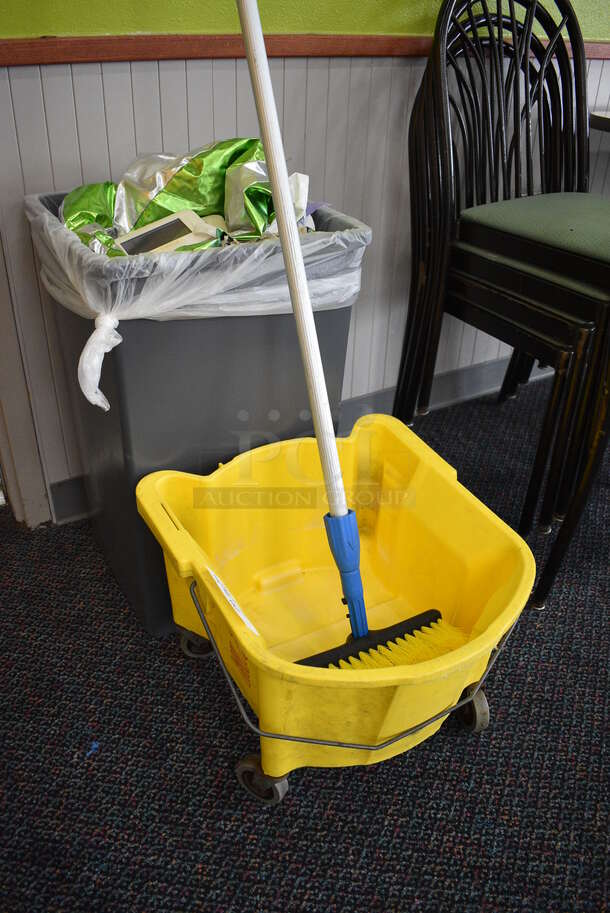 ALL ONE MONEY! Lot of Yellow Poly Mop Bucket on Casters, Broom and Gray Trash Bin! 18x19x14. 70". 16x16x27 - Image 2 of 3