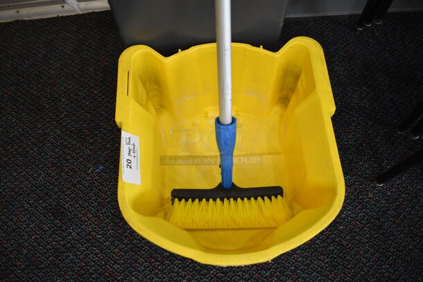ALL ONE MONEY! Lot of Yellow Poly Mop Bucket on Casters, Broom and Gray Trash Bin! 18x19x14. 70". 16x16x27 - Image 3 of 3