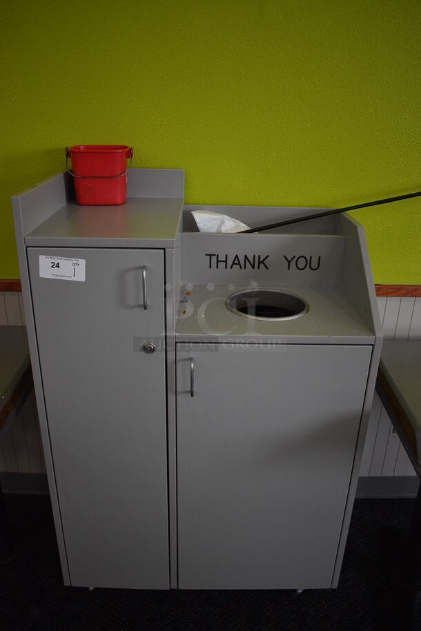 Gray Trash Can Shell w/ Trash Deposit Hole, Front Door, Trash Can and Left Side Compartment on Commercial Casters. 33x21x50