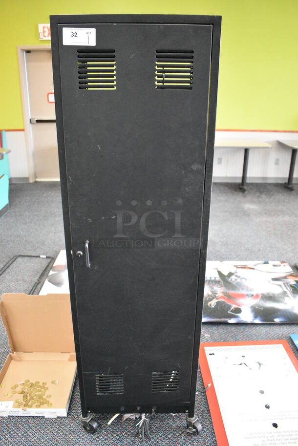 Black Metal AV Cabinet on Commercial Casters. 21x20x70