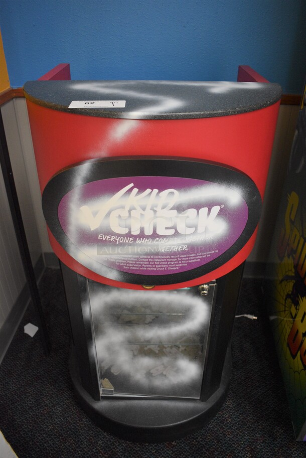 Red and Black Floor Style Kid Check Counter w/ Various Chuck E Cheese Tickets. 24x27x43 - Image 1 of 7