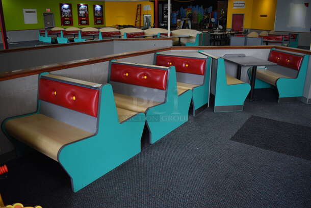 ALL ONE MONEY! Lot of 3 Single Sided Blue / Red Booths, 2 Double Sided Blue / Red Booths and Gray Table! Booths: 42x24x35.5, 42x45x35.5. Table: 42x28x31. BUYER MUST REMOVE