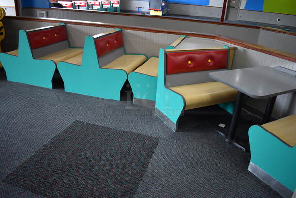 ALL ONE MONEY! Lot of 3 Single Sided Blue / Red Booths, 2 Double Sided Blue / Red Booths and Gray Table! Booths: 42x24x35.5, 42x45x35.5. Table: 42x28x31. BUYER MUST REMOVE - Image 5 of 5
