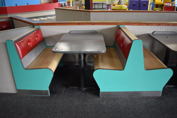 ALL ONE MONEY! Lot of 1 Single Sided Blue / Red Booth, 4 Double Sided Blue / Red Booths and 3 Gray Tables! Booths: 42x24x35.5, 42x45x35.5. Tables: 42x30x31, 42x28x31. BUYER MUST REMOVE - Image 3 of 5