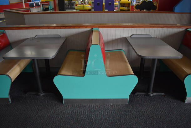 ALL ONE MONEY! Lot of 1 Single Sided Blue / Red Booth, 4 Double Sided Blue / Red Booths and 3 Gray Tables! Booths: 42x24x35.5, 42x45x35.5. Tables: 42x30x31, 42x28x31. BUYER MUST REMOVE - Image 4 of 5
