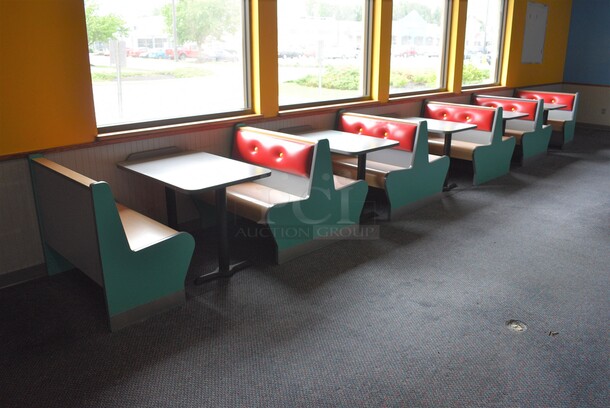 ALL ONE MONEY! Lot of 2 Single Sided Blue / Red Booths, 4 Double Sided Blue / Red Booths and 5 Gray Tables! Booths: 42x24x35.5, 42x45x35.5. Tables: 42x30x31, 42x28x31. BUYER MUST REMOVE - Image 1 of 6
