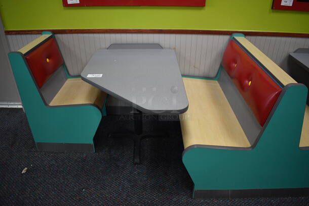 ALL ONE MONEY! Lot of 2 Single Sided Blue / Red Booths, 2 Double Sided Blue / Red Booths and 3 Gray Tables! Booths: 24x24x35.5, 42x45x35.5, 42x24x35.5. Tables: 42x28x31. BUYER MUST REMOVE - Image 2 of 4