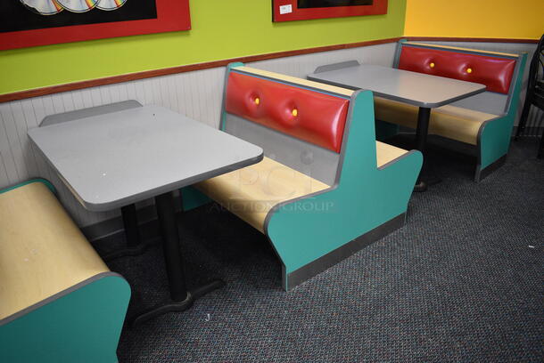 ALL ONE MONEY! Lot of 2 Single Sided Blue / Red Booths, 2 Double Sided Blue / Red Booths and 3 Gray Tables! Booths: 24x24x35.5, 42x45x35.5, 42x24x35.5. Tables: 42x28x31. BUYER MUST REMOVE - Image 3 of 4