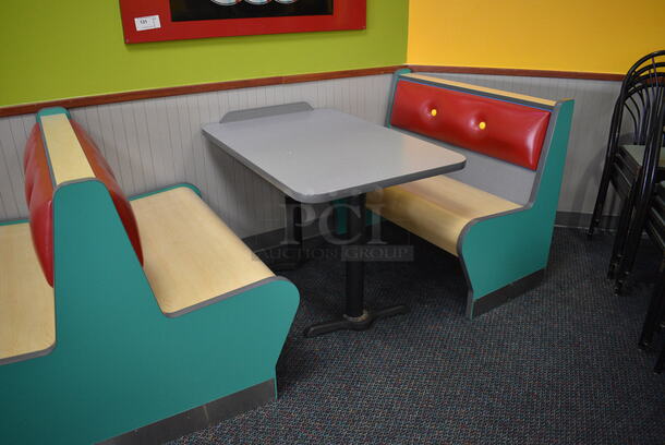 ALL ONE MONEY! Lot of 2 Single Sided Blue / Red Booths, 2 Double Sided Blue / Red Booths and 3 Gray Tables! Booths: 24x24x35.5, 42x45x35.5, 42x24x35.5. Tables: 42x28x31. BUYER MUST REMOVE - Image 4 of 4