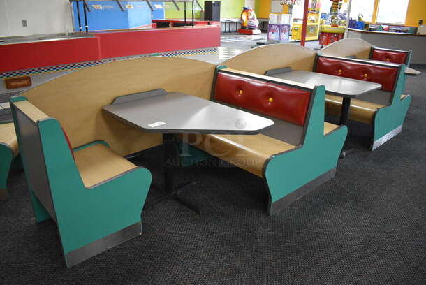 ALL ONE MONEY! Lot of 2 Single Sided Blue / Red Booths, 2 Double Sided Blue / Red Booths and 3 Gray Tables! Booths: 24x24x35.5, 42x45x35.5. Tables: 42x28x31. BUYER MUST REMOVE - Image 1 of 5