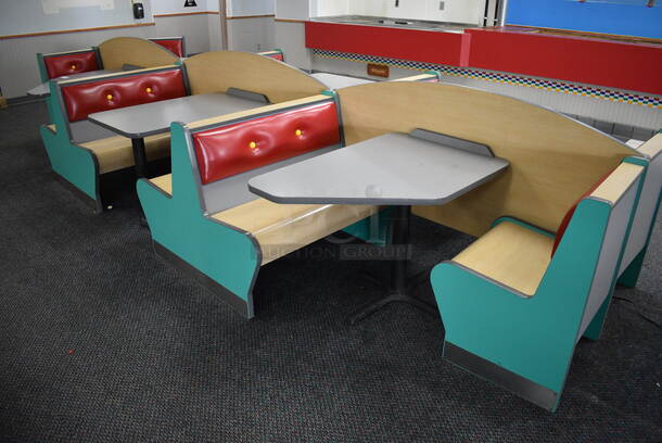 ALL ONE MONEY! Lot of 2 Single Sided Blue / Red Booths, 2 Double Sided Blue / Red Booths and 3 Gray Tables! Booths: 24x24x35.5, 42x45x35.5. Tables: 42x28x31. BUYER MUST REMOVE - Image 5 of 5