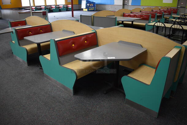 ALL ONE MONEY! Lot of 2 Single Sided Blue / Red Booths, 2 Double Sided Blue / Red Booths and 3 Gray Tables! Booths: 24x24x35.5, 42x45x35.5. Tables: 42x28x31. BUYER MUST REMOVE