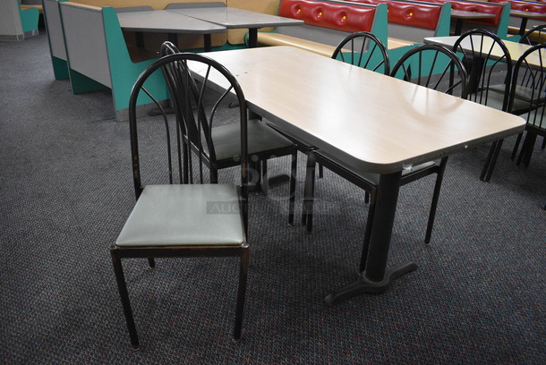 ALL ONE MONEY! Lot of Table w/ 2 Metal Table Bases and 4 Black Metal Dining Chairs w/ Green Seat! 60x30x30, 17x17x36 - Image 2 of 4