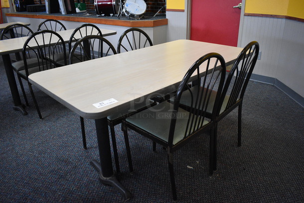 ALL ONE MONEY! Lot of Table w/ 2 Metal Table Bases and 4 Black Metal Dining Chairs w/ Green Seat! 60x30x30, 17x17x36 - Image 1 of 3