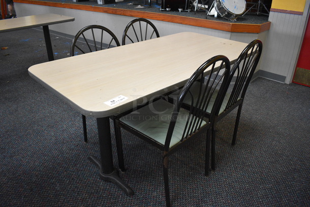 ALL ONE MONEY! Lot of Table w/ 2 Metal Table Bases and 4 Black Metal Dining Chairs w/ Green Seat! 60x30x30, 17x17x36