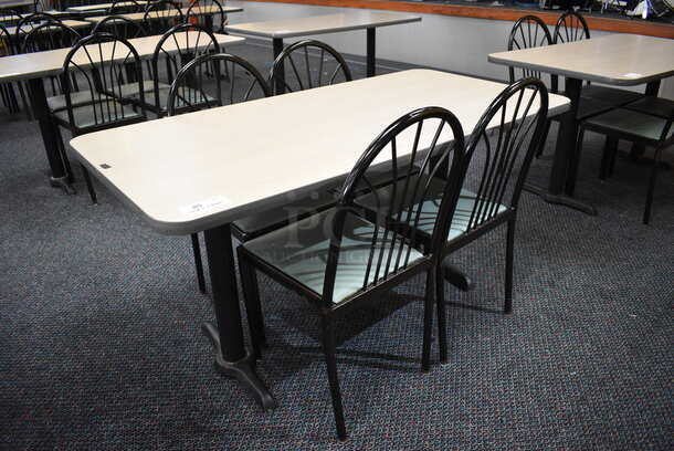ALL ONE MONEY! Lot of Table w/ 2 Metal Table Bases and 4 Black Metal Dining Chairs w/ Green Seat! 60x30x30, 17x17x36 - Image 1 of 4