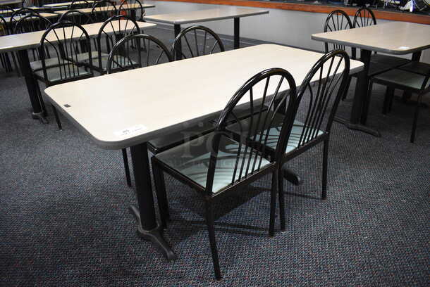 ALL ONE MONEY! Lot of Table w/ 2 Metal Table Bases and 4 Black Metal Dining Chairs w/ Green Seat! 60x30x30, 17x17x36