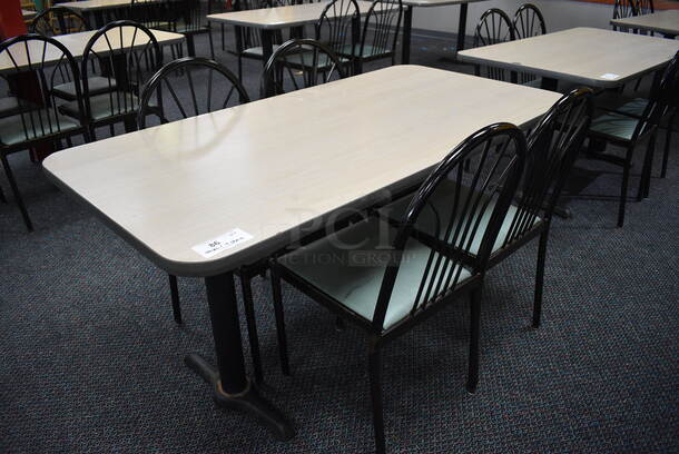 ALL ONE MONEY! Lot of Table w/ 2 Metal Table Bases and 4 Black Metal Dining Chairs w/ Green Seat! 60x30x30, 17x17x36