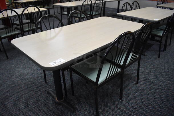 ALL ONE MONEY! Lot of Table w/ 2 Metal Table Bases and 4 Black Metal Dining Chairs w/ Green Seat! 60x30x30, 17x17x36 - Image 1 of 4