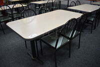 ALL ONE MONEY! Lot of Table w/ 2 Metal Table Bases and 4 Black Metal Dining Chairs w/ Green Seat! 60x30x30, 17x17x36
