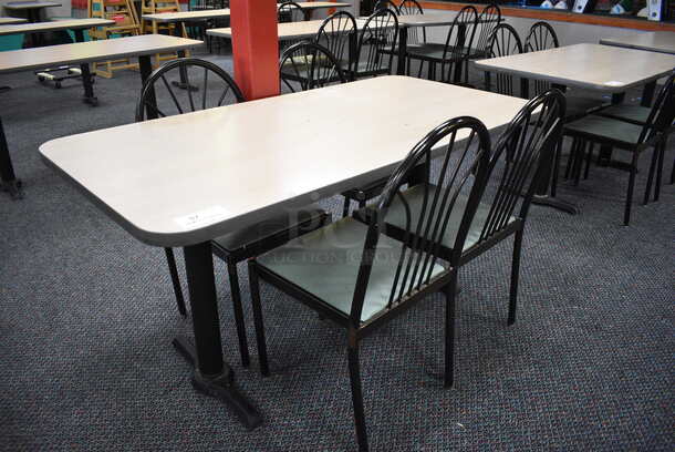 ALL ONE MONEY! Lot of Table w/ 2 Metal Table Bases and 4 Black Metal Dining Chairs w/ Green Seat! 60x30x30, 17x17x36