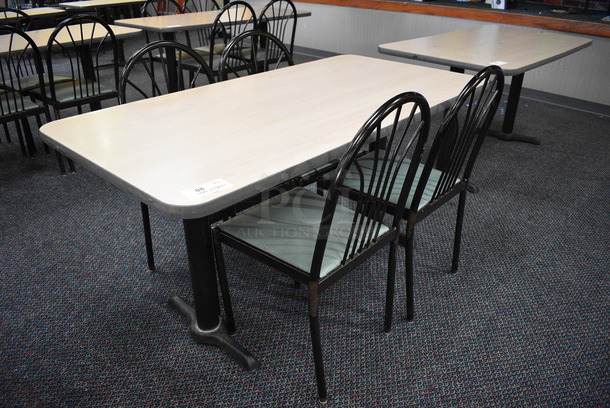 ALL ONE MONEY! Lot of Table w/ 2 Metal Table Bases and 4 Black Metal Dining Chairs w/ Green Seat! 60x30x30, 17x17x36