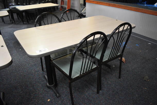 ALL ONE MONEY! Lot of Table w/ 2 Metal Table Bases and 4 Black Metal Dining Chairs w/ Green Seat! 60x30x30, 17x17x36