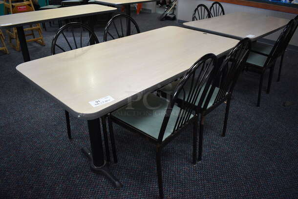 ALL ONE MONEY! Lot of Table w/ 2 Metal Table Bases and 4 Black Metal Dining Chairs w/ Green Seat! 60x30x30, 17x17x36