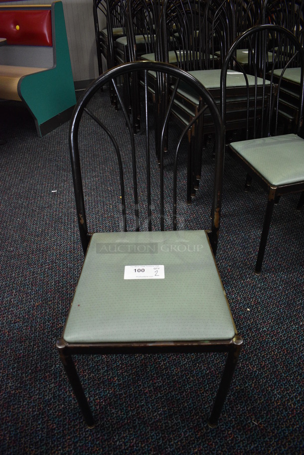4 Black Metal Dining Chairs w/ Green Seats. Stock Picture - Cosmetic Condition May Vary. 17x17x36. 4 Times Your Bid!