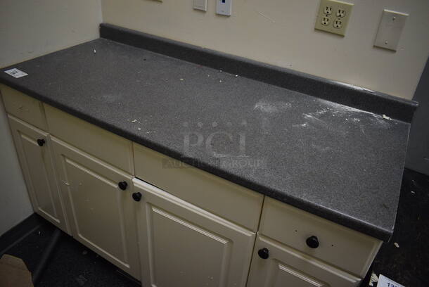 White Counter w/ Gray Countertop and 4 Doors. Includes Contents! 60.5x25.5x39. BUYER MUST REMOVE - Image 2 of 7