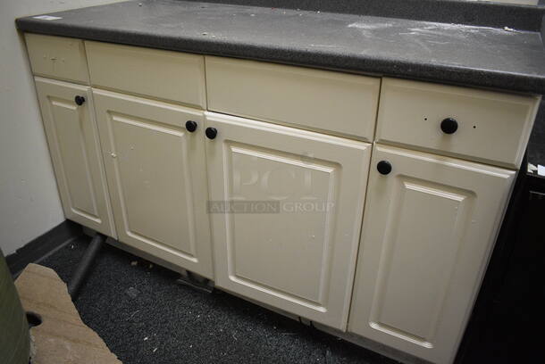 White Counter w/ Gray Countertop and 4 Doors. Includes Contents! 60.5x25.5x39. BUYER MUST REMOVE - Image 3 of 7