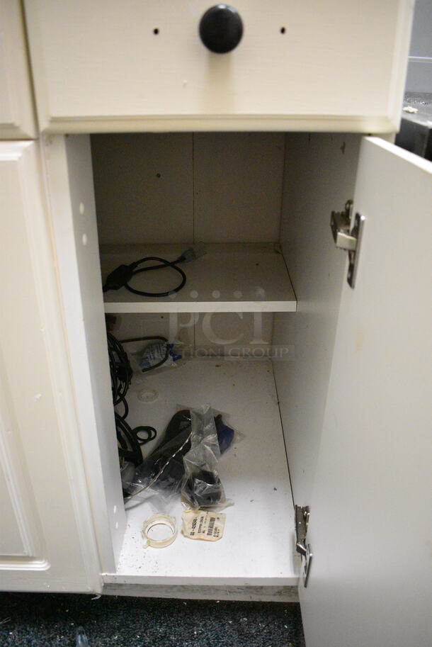 White Counter w/ Gray Countertop and 4 Doors. Includes Contents! 60.5x25.5x39. BUYER MUST REMOVE - Image 4 of 7
