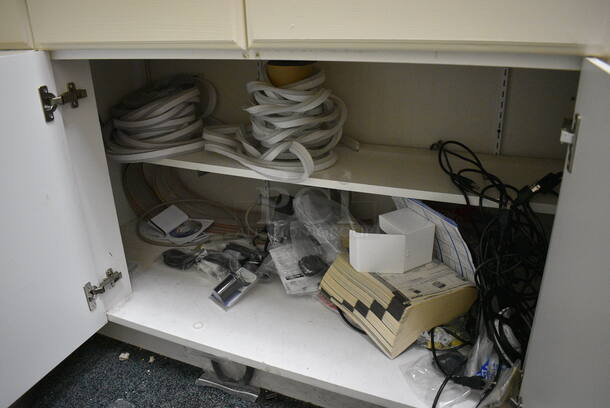 White Counter w/ Gray Countertop and 4 Doors. Includes Contents! 60.5x25.5x39. BUYER MUST REMOVE - Image 5 of 7
