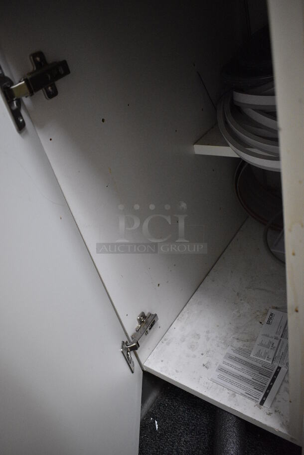White Counter w/ Gray Countertop and 4 Doors. Includes Contents! 60.5x25.5x39. BUYER MUST REMOVE - Image 6 of 7