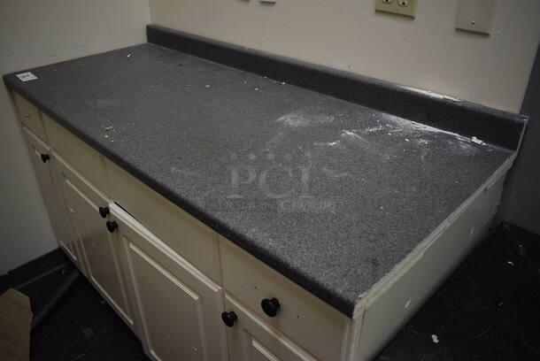 White Counter w/ Gray Countertop and 4 Doors. Includes Contents! 60.5x25.5x39. BUYER MUST REMOVE - Image 7 of 7