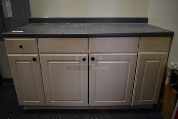 White Counter w/ Gray Countertop and 4 Doors. Includes Contents! 60.5x25.5x39. BUYER MUST REMOVE - Image 2 of 7